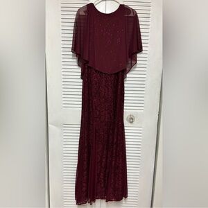 Onyx Elegant Burgundy Lace Evening Dress with Capelet